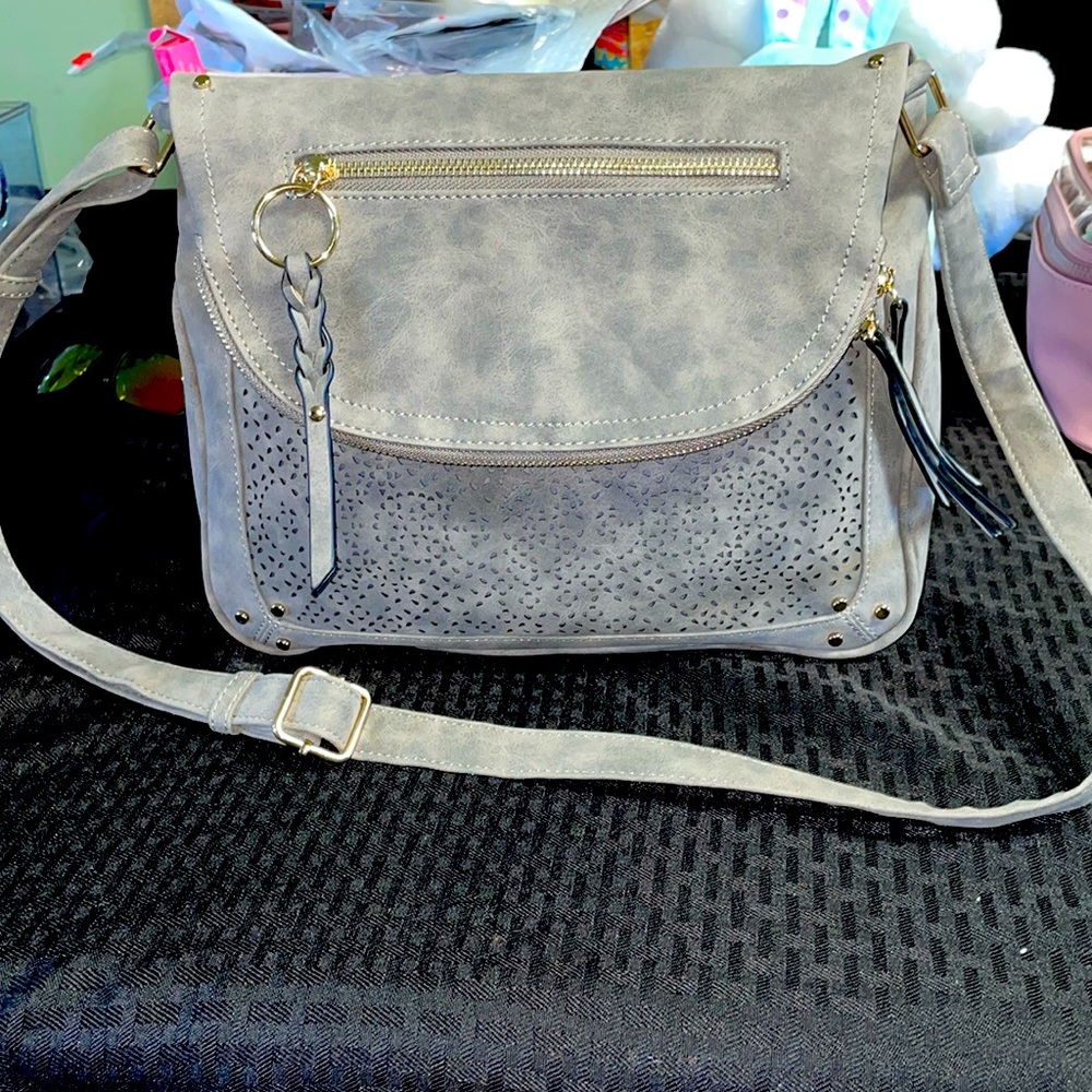 Grey New Laser Cut Floral Design Zip Shoulder Bag
